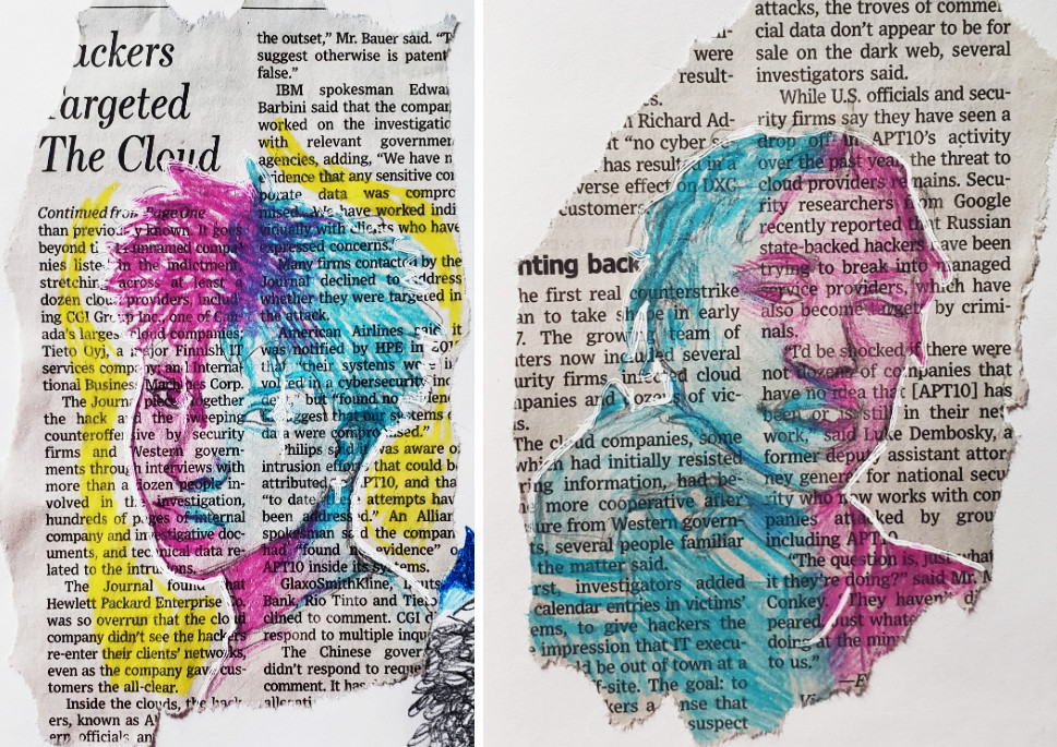 Drawing of a womans face and a mans face in purples and blues on top of news article text.