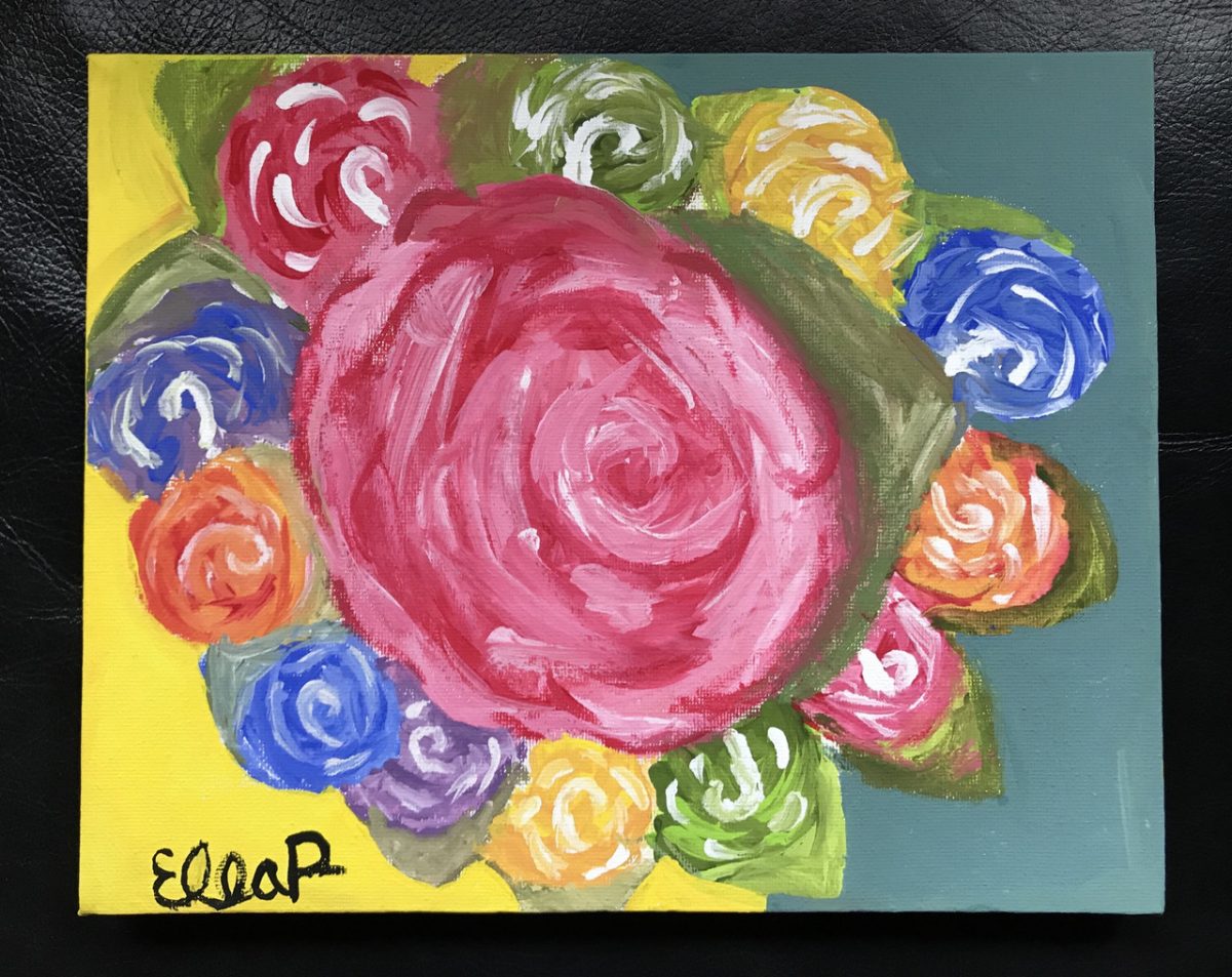 A painting of a ring of colorful flowers with a large red flower in the center.