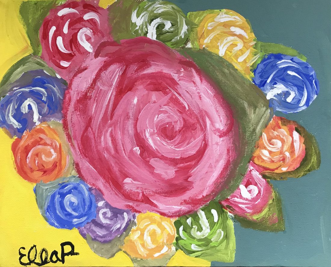 A painting of a ring of colorful flowers with a large red flower in the center.