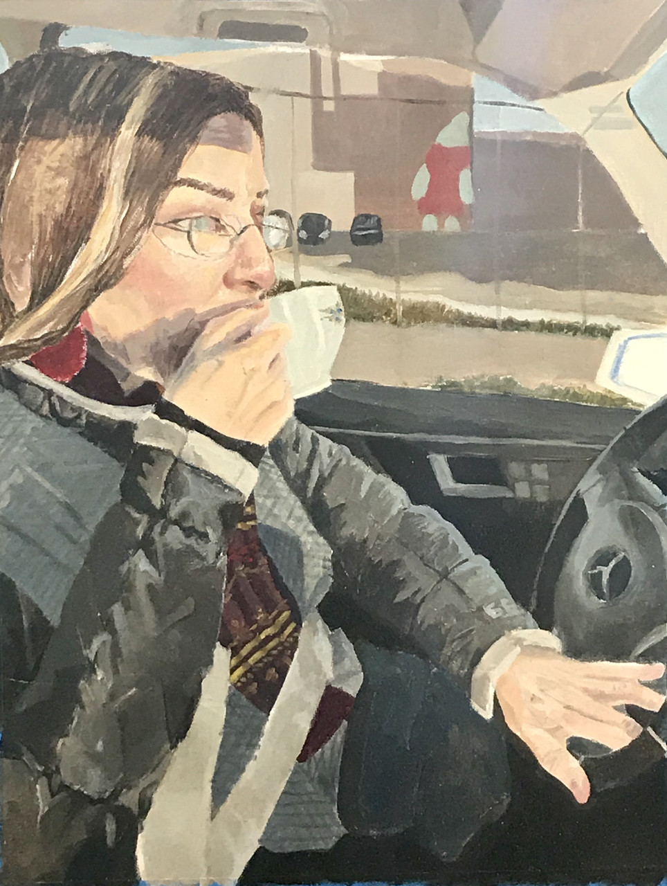 Painting of a woman driving while drinking coffee from a cup.