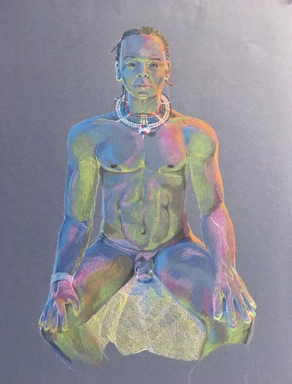 Front view of a colored nude life figure drawing