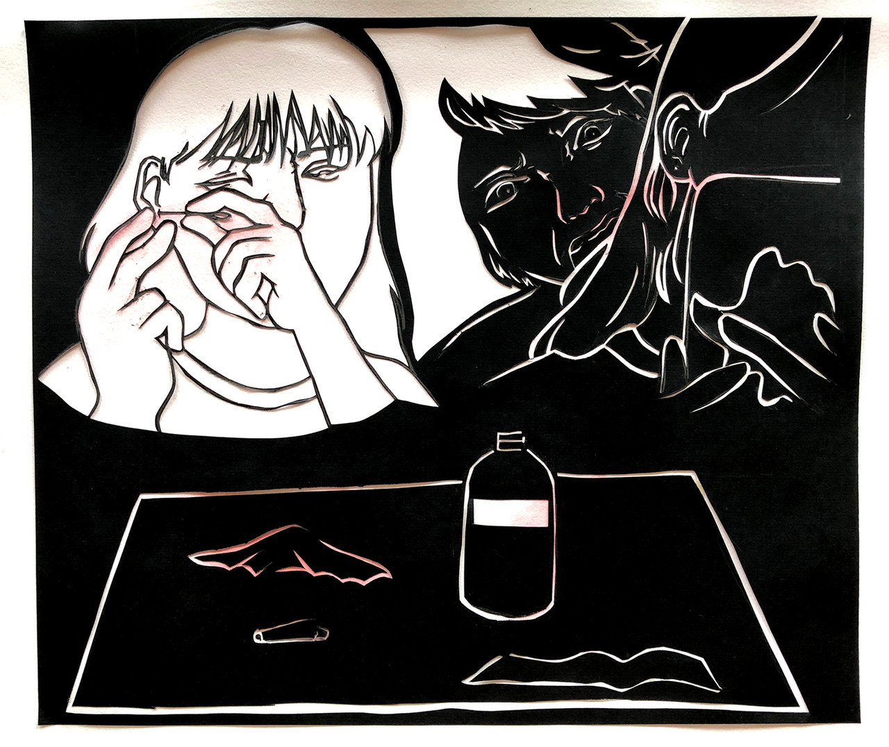 Black and white cut out visual of figure piercing their ear and an upset figure in the background