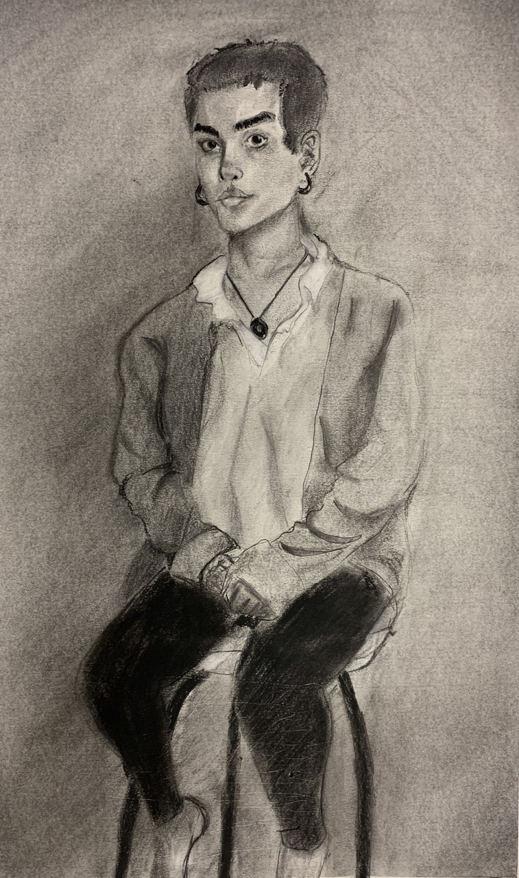 Drawing of a person sitting on a stool