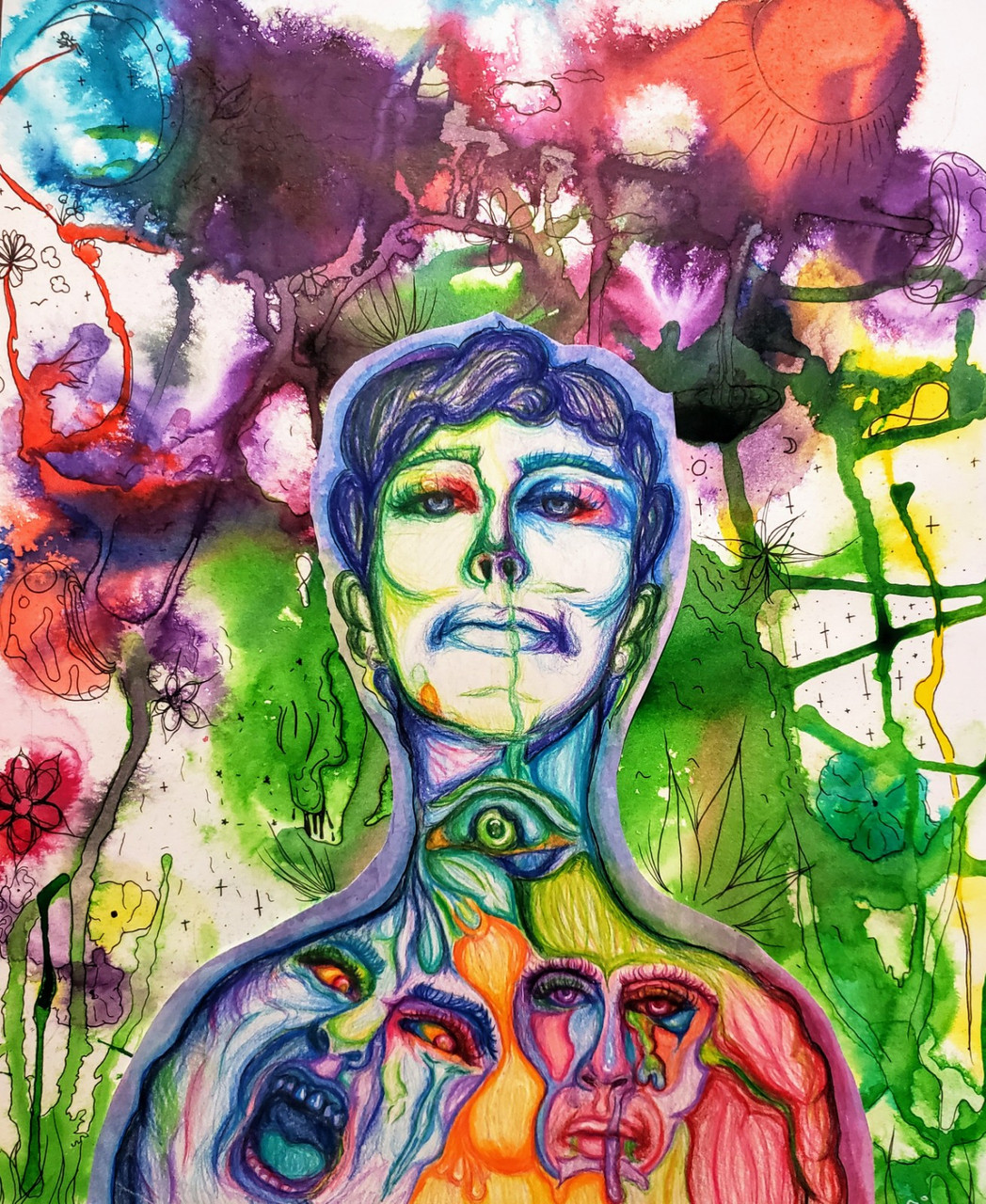Painting of a body on a multicolored, abstract background
