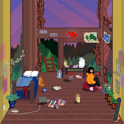 A digital artwork of a room with a girl sitting in the corner and various objects on the floor.