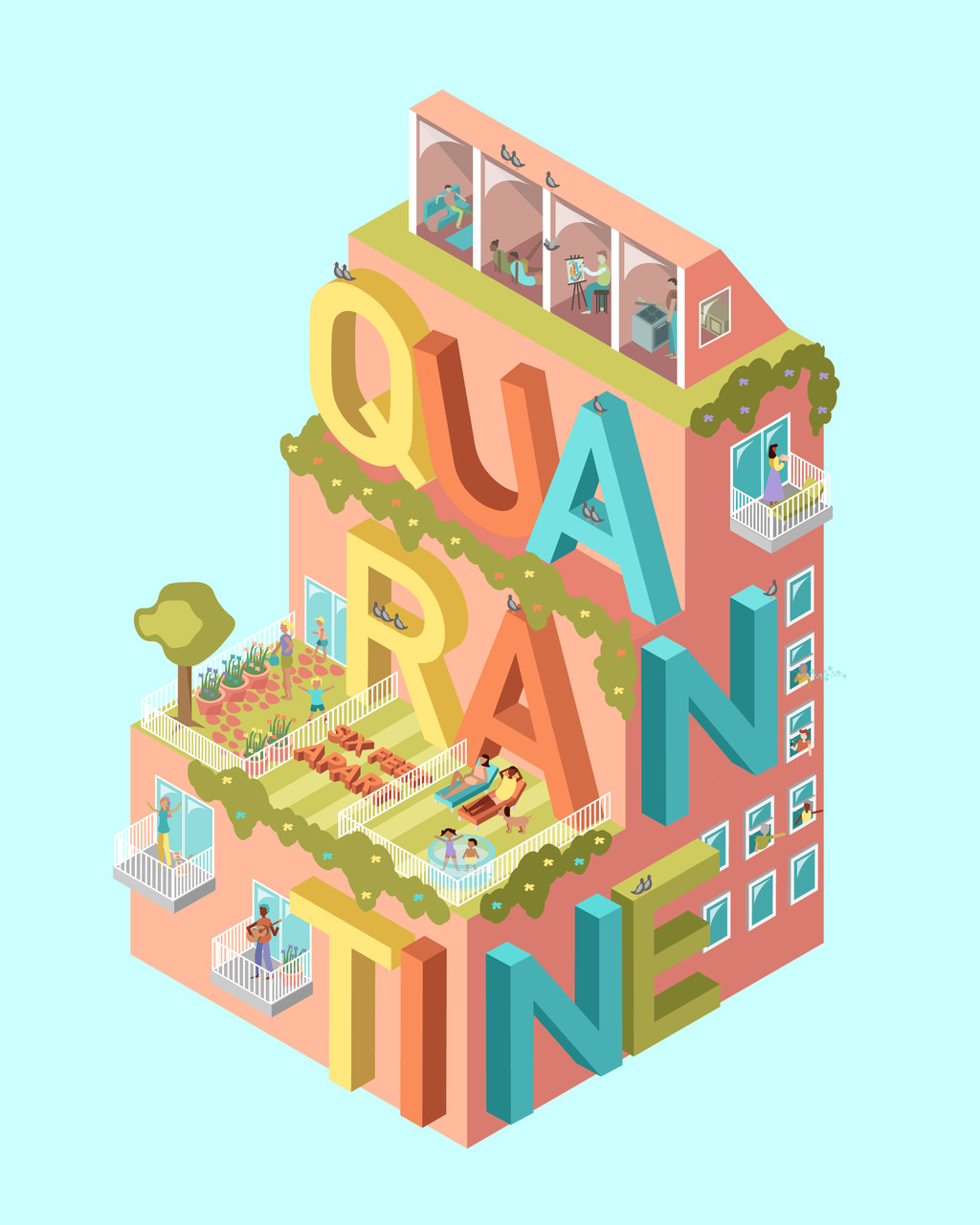 Rendering of letters the spell QUARANTINE on a building