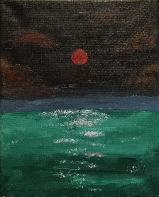 Painting of a moon over the ocean. Dark colors.