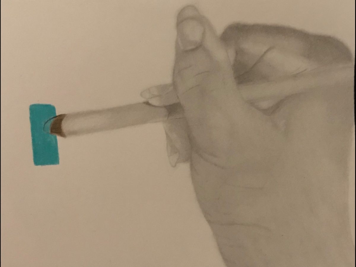 Pencil drawing of a hand coloring a rectangle