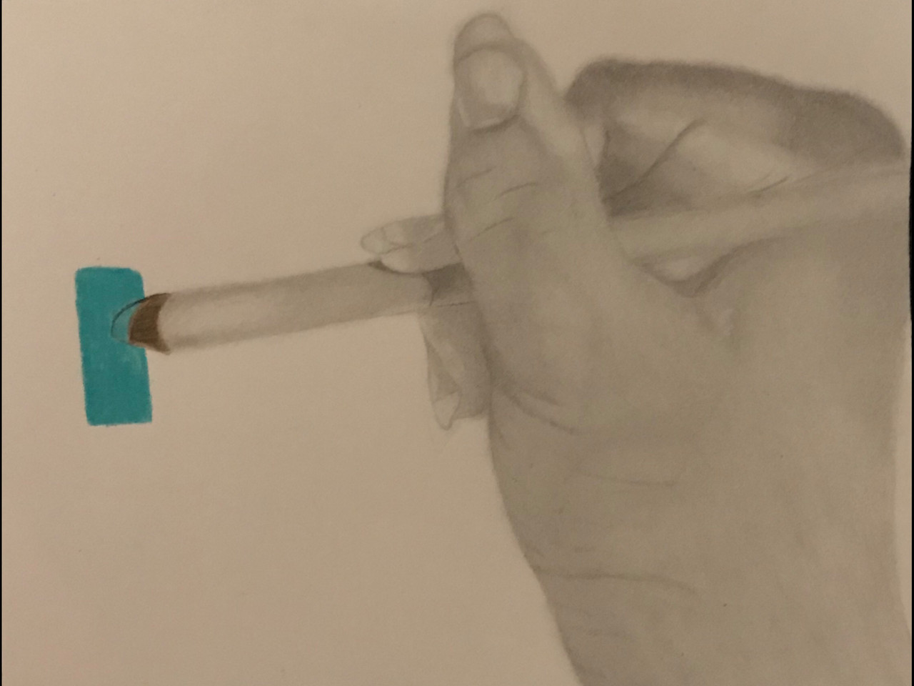 Pencil drawing of a hand coloring a rectangle