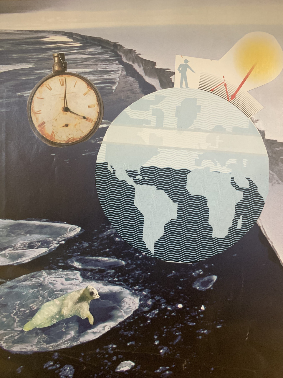 A collage of a earth with a clock in the corner and water with ice in the background.