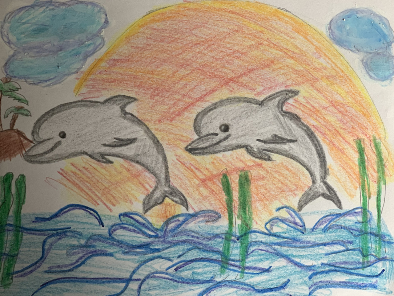 Drawing of dolphins jumping over water in front of sunset
