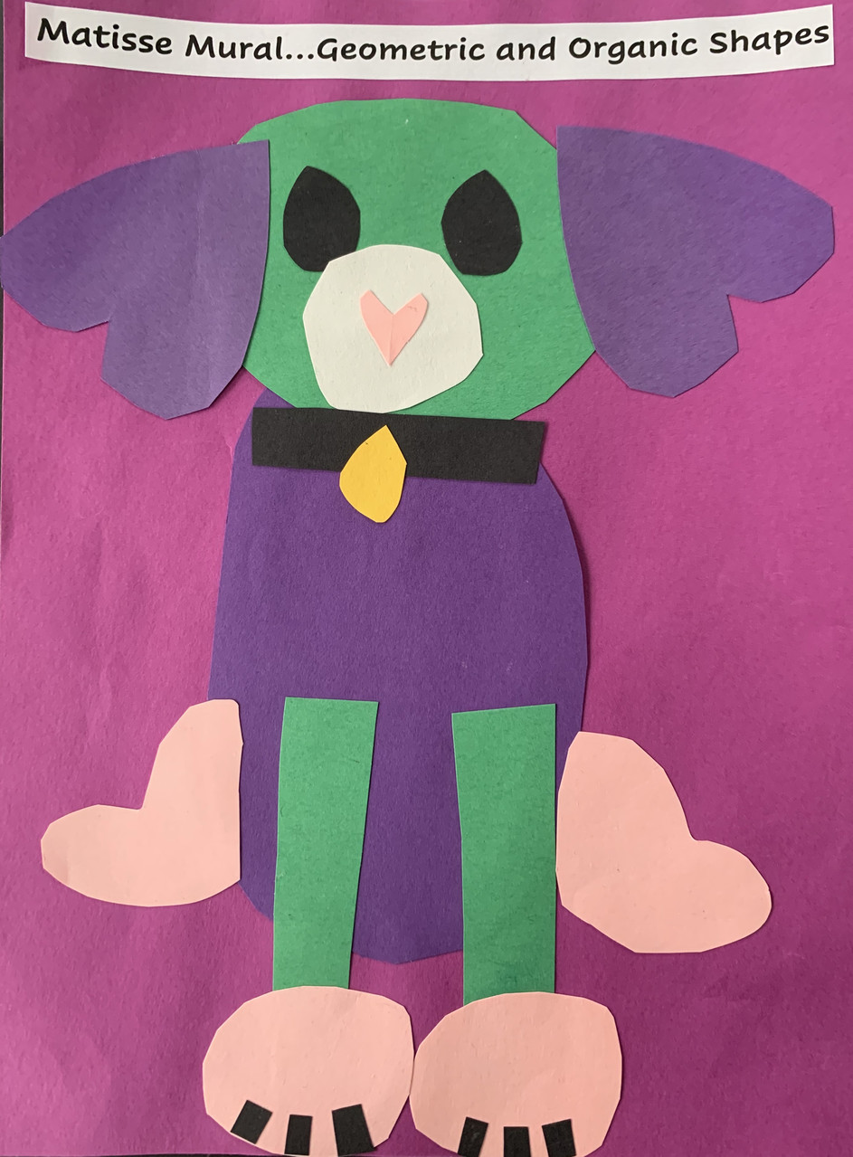 A colorful collage of a dog made out of shapes, inspired by Matisse.