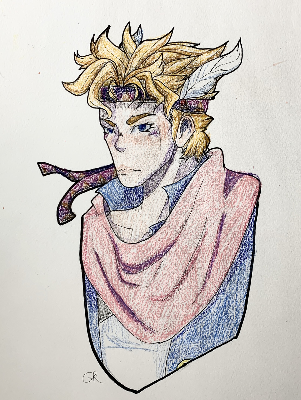Illustration of man with winged headband, blonde hair, red scarf, blue shirt