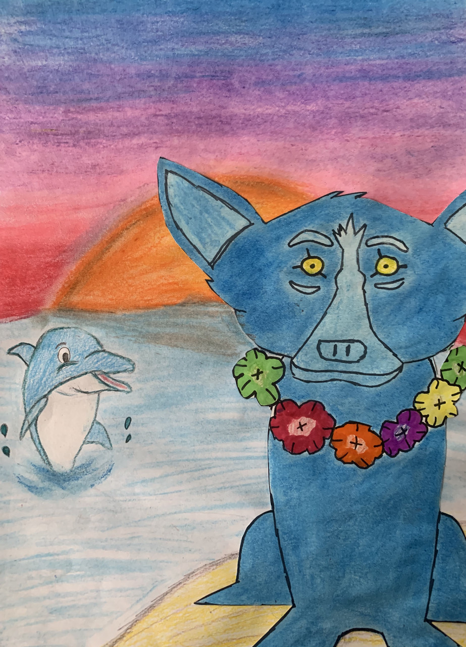 A drawing of a blue dog with a colorful sunset and a dolphin in the background.