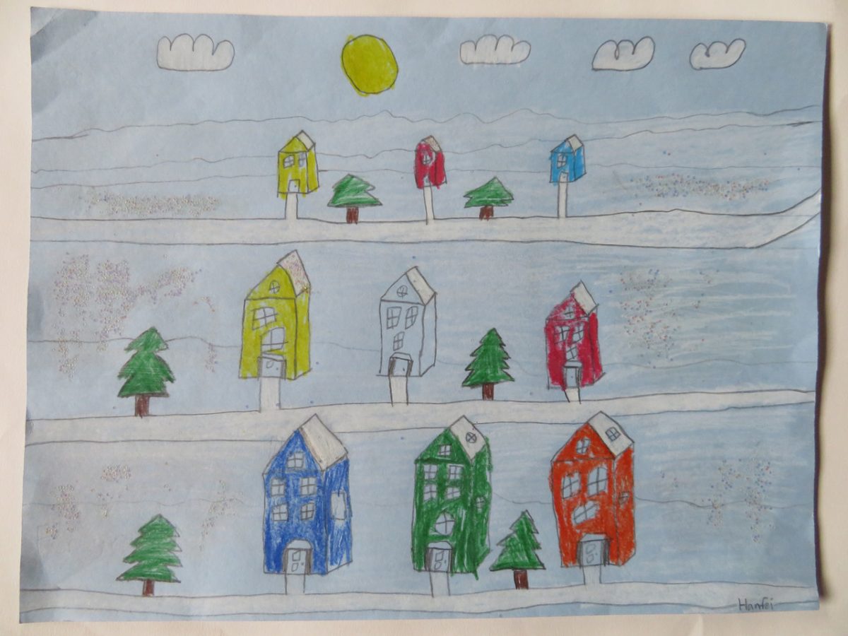 Drawing of several blocks of houses during winter