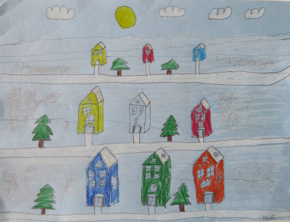 Drawing of several blocks of houses during winter