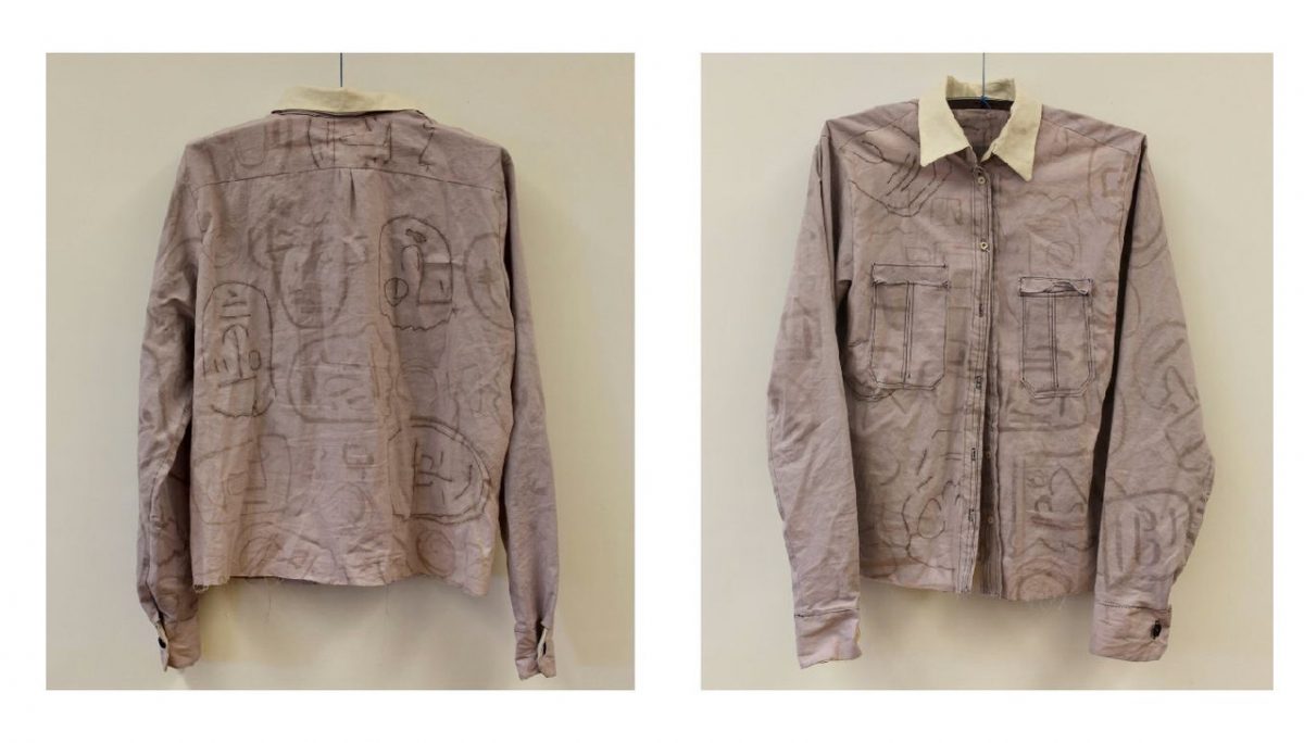 Two views of brown handmade jacket with illustrations on it