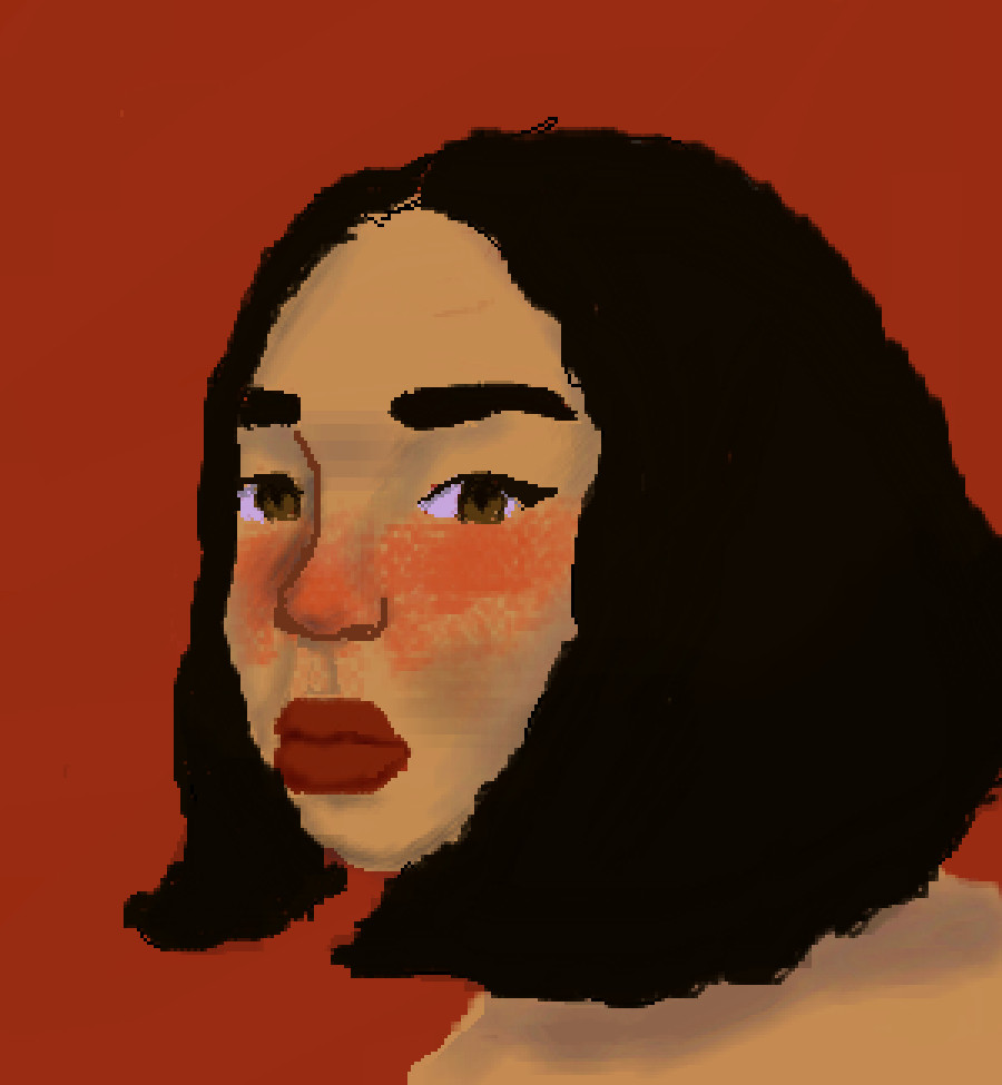 portrait of brown haired girl burnt orange background