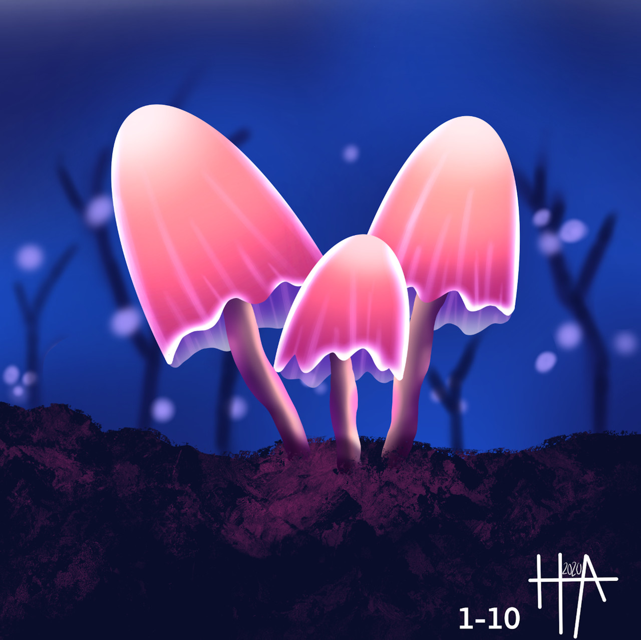 Illustration of 3 pink mushrooms at night