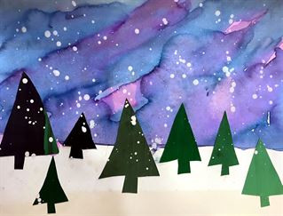 A winter scene with green trees on a snowy landscape and a night sky with blues and purples.