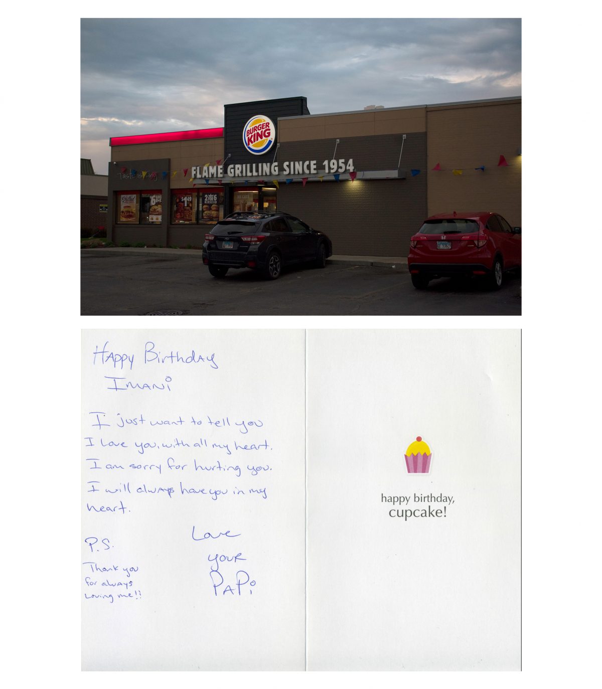 Dyptic of two photos, one of exterior of Burger King, the other a scan of a hand-written birthday card