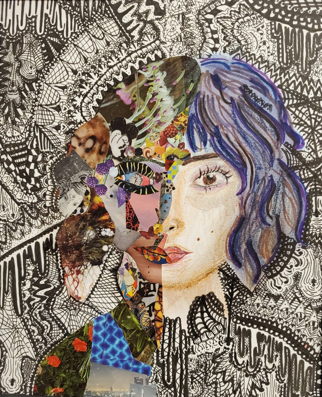 Portrait with portions colored in, and a black and white patterned background