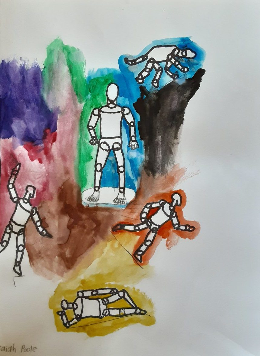 Watercolor with Sharpie people drawing