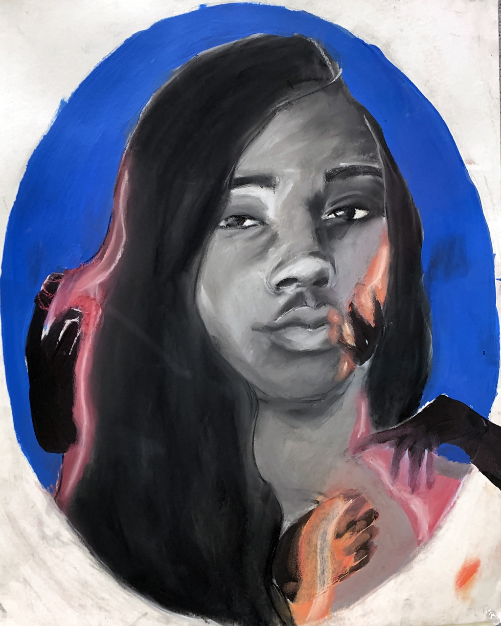 A portrait of a young woman whose face is in grayscale and there are glowing lines around her head