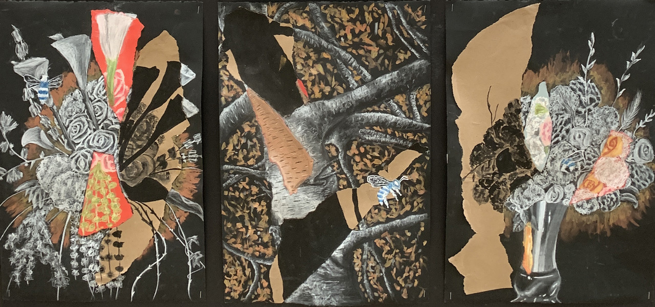 An abstract triptych with images of flowers and patterns in neutral colors