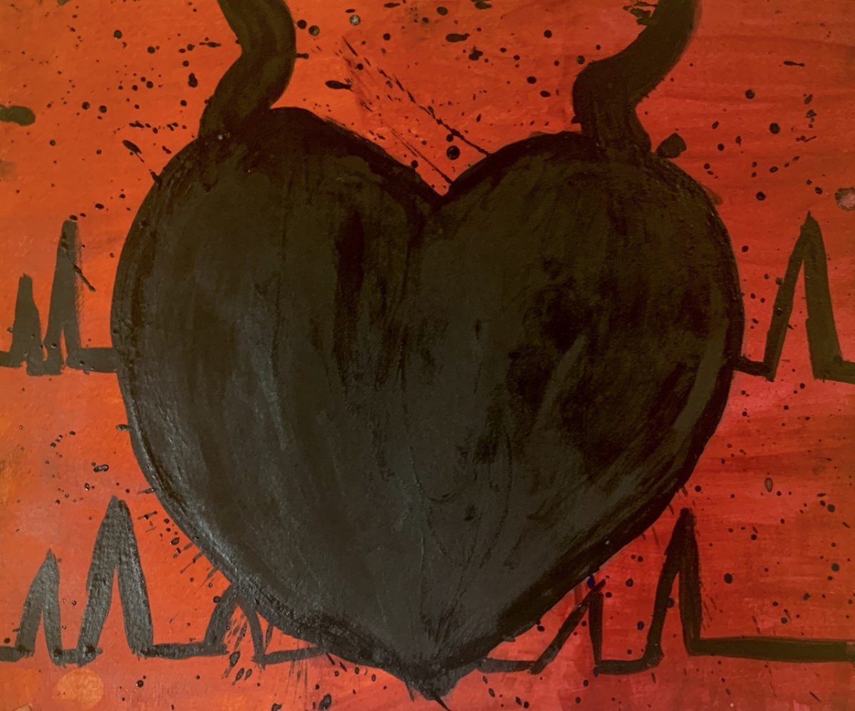 A painting of a large, black heart with zig zag lines against a red background