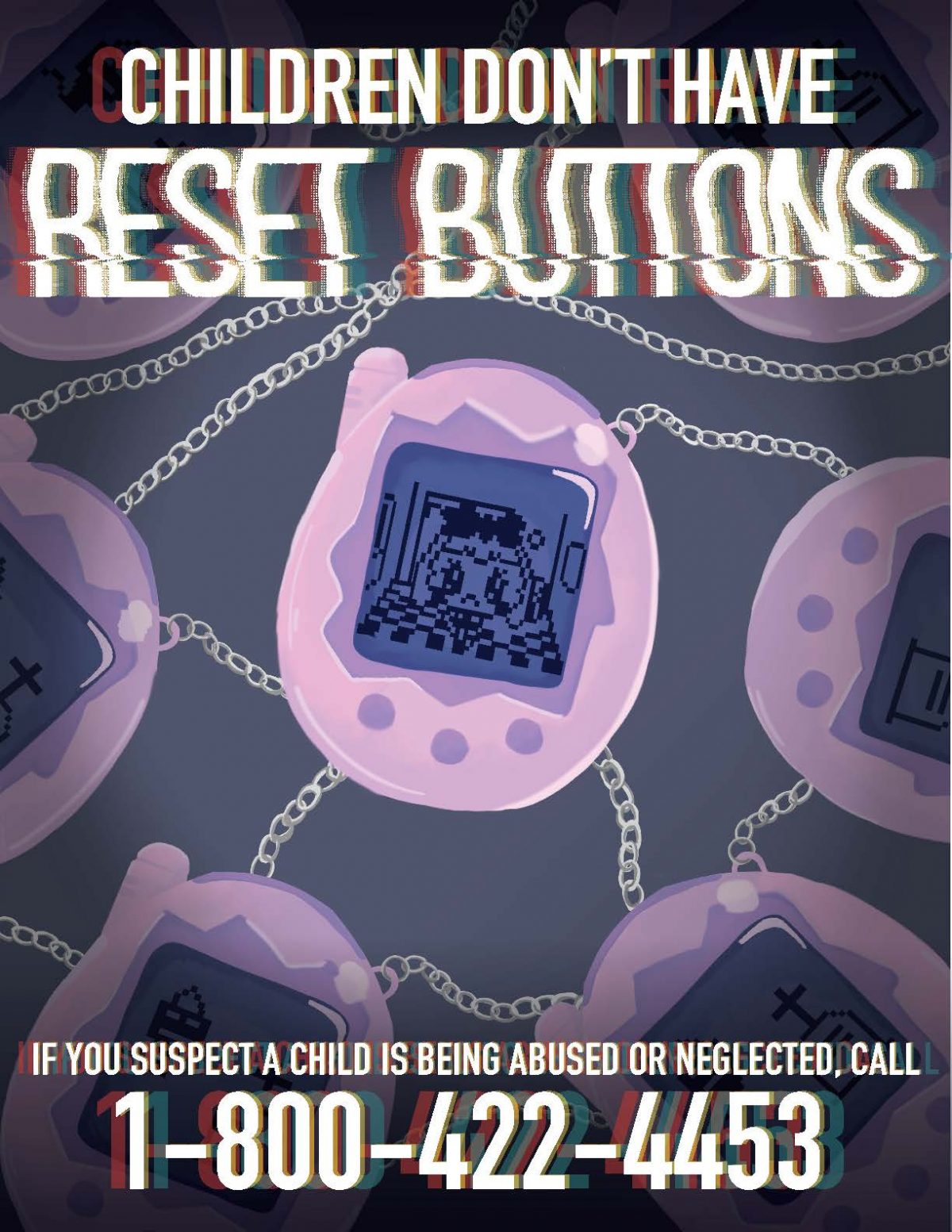 Graphic with text and multiple tamagotchis with a hotline number