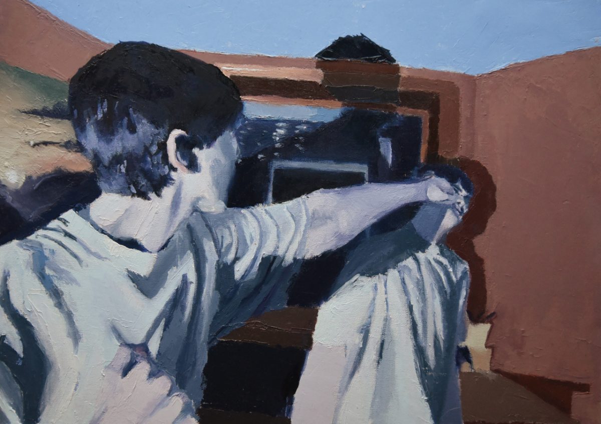 Painting of a boy punching another person representing the fear of being hurt.