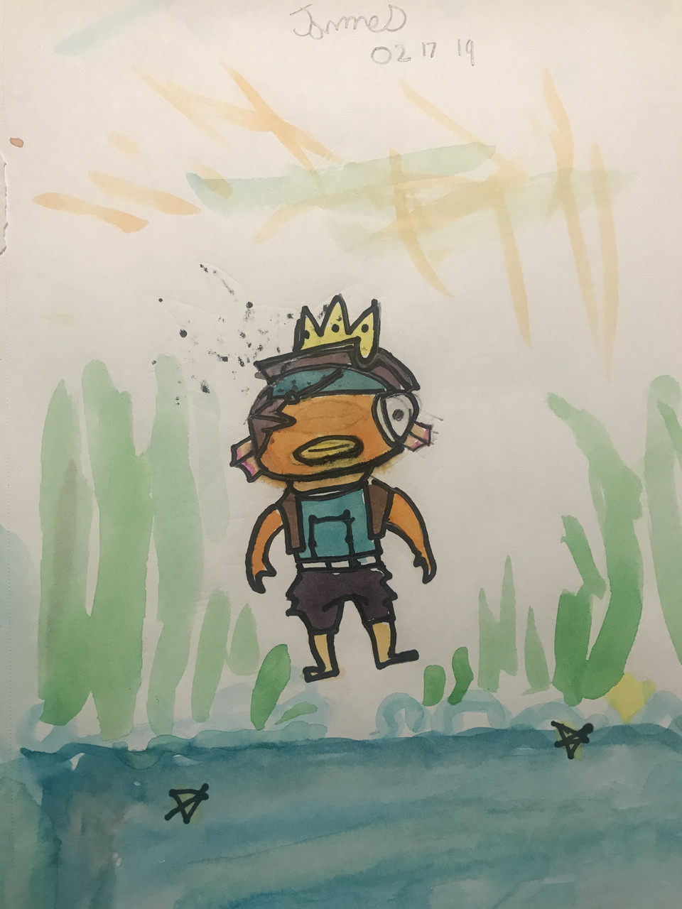 Watercolor painting of fish-boy with crown