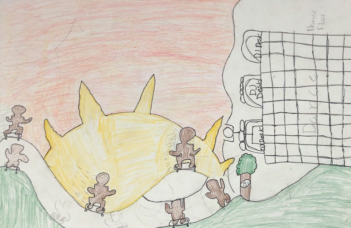 Drawing of outdoor skateboarding scene