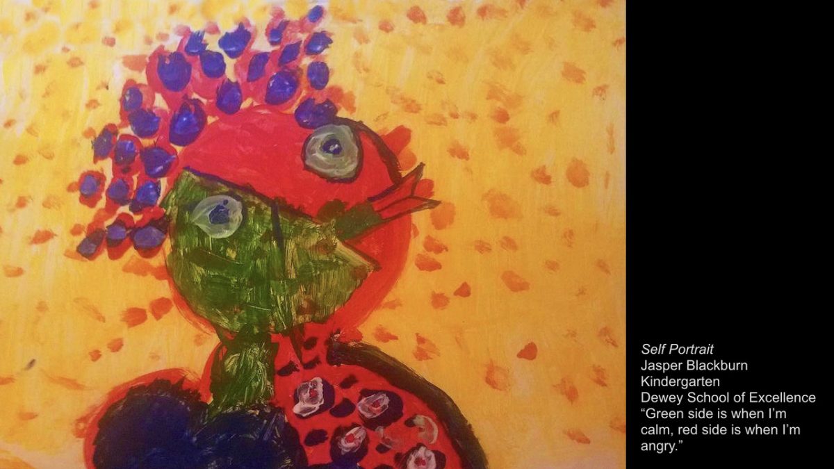 red and green figure on yellow background with red dots