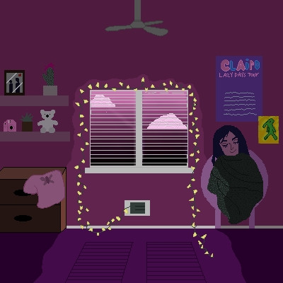A digital artwork of a room with purple walls and floor, and a girl sitting in a chair.