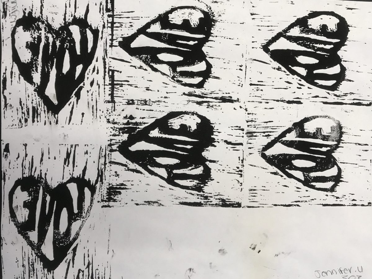 Love inside a heart printed 6 times in black in multiple orientations