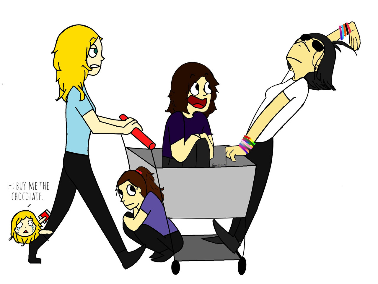 An illustration of four girls riding a shopping cart