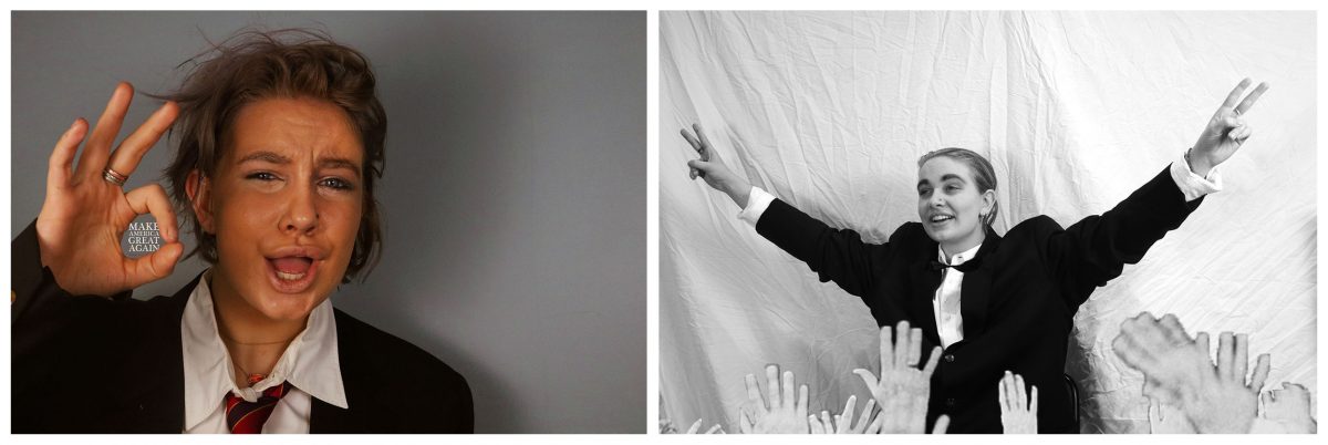 Dyptic of two photos depicting student as Donald Trump and Richard Nixon