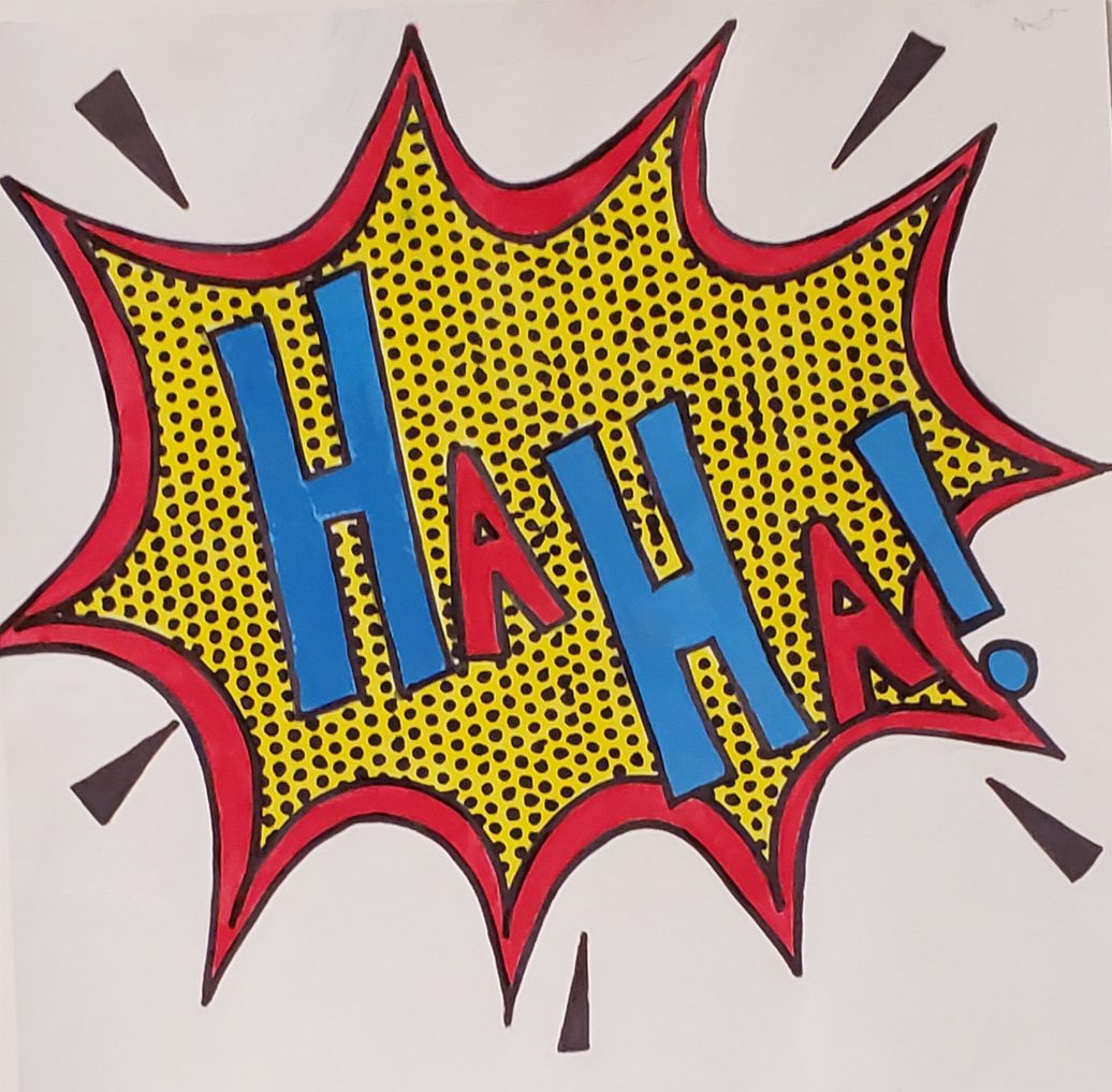 "Ha Ha!" in alternating red and blue letters in a yellow burst, comic book style.