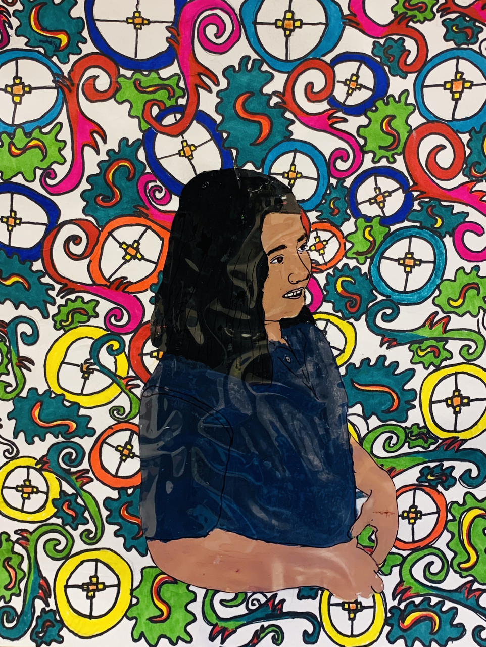 girl in black shirt colorful patterned back ground