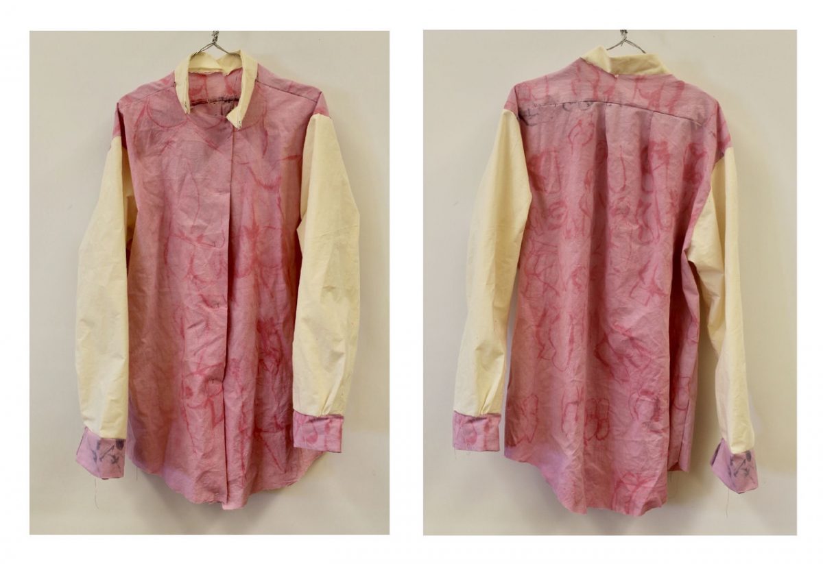 Red dyed shirt with yellow sleeves; various body shapes across the fabric