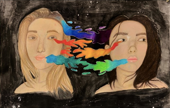 Illustration with rainbow tears passing between 2 people.