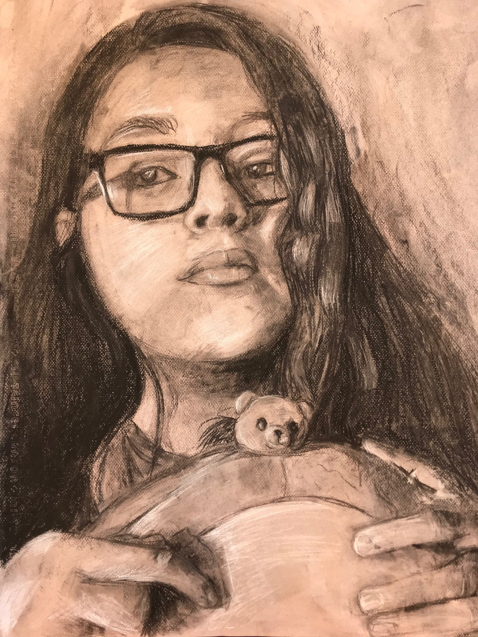 Black and white drawing of person with long dark hair holding a stuffed bear.