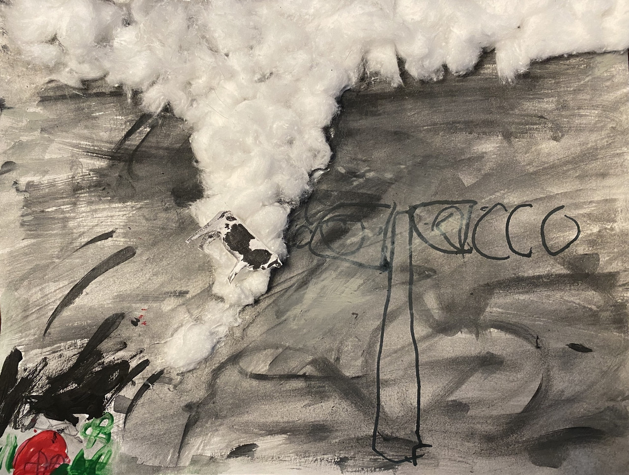 Cotton tornado pasted onto a grey painted background.