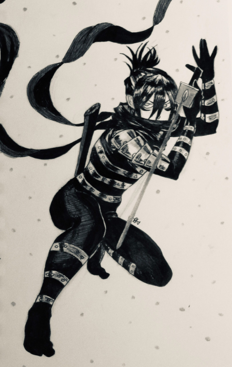 A drawing a figure in all black crouching with a sword.