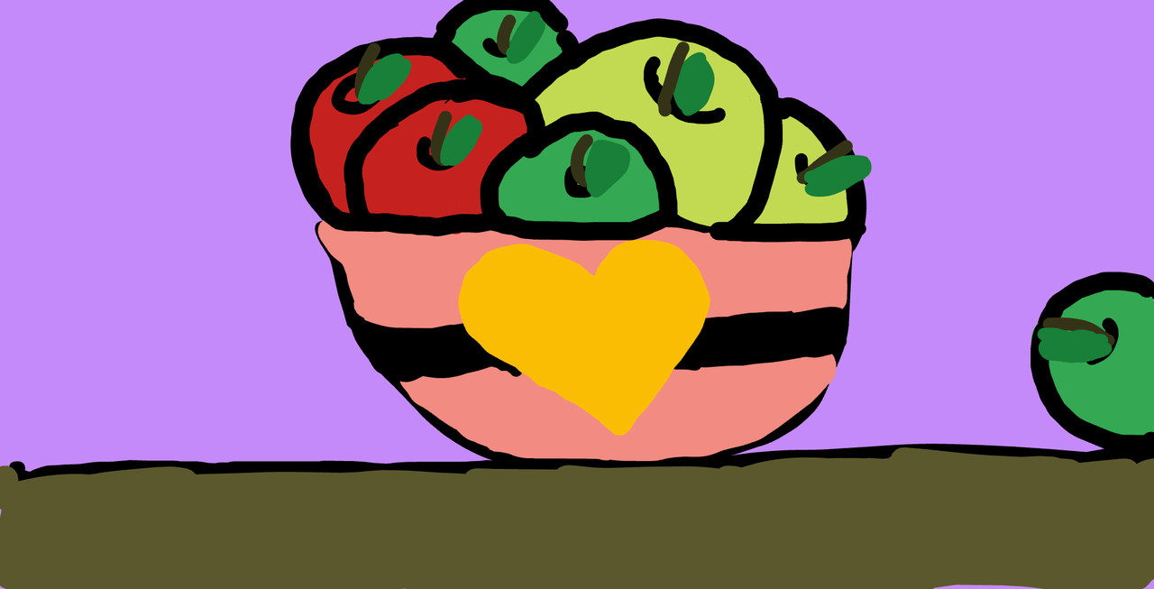 Digital painting of fruit in a bowl with a purple background