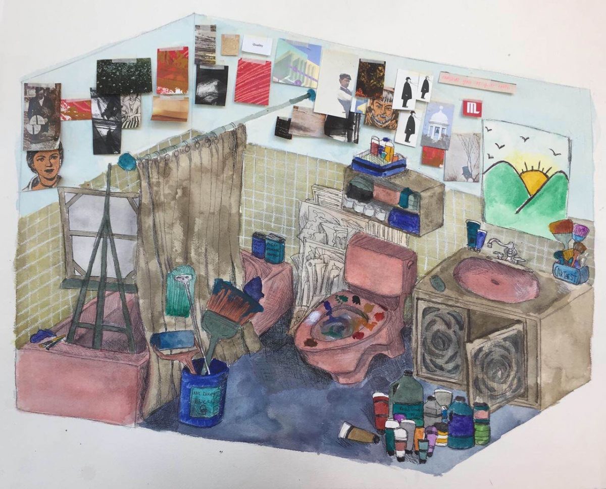 Multimedia piece of a bathroom being used as an artist studio with collage images.