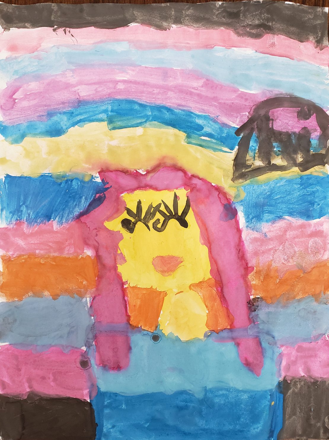 Painting of girl on colorful striped background