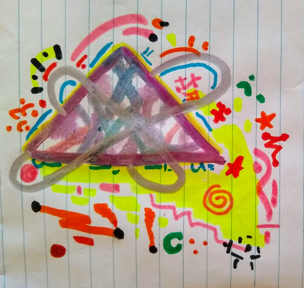 Colorful abstract drawing of shapes and lines.